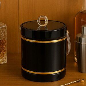 MCM Black Gold Ice Bucket Lucite Lid Handle VTG Barware Bar Cart Regency Decor